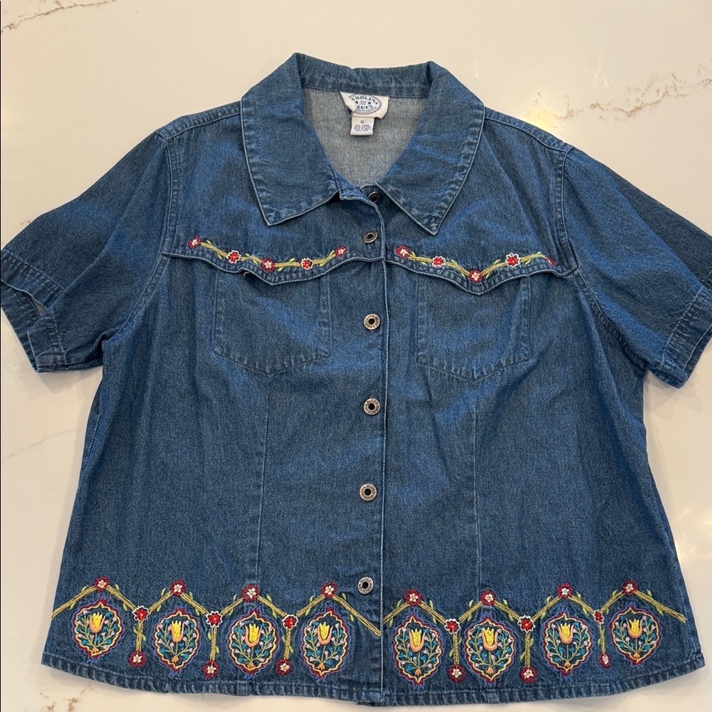 Vintage Carolina Blues Embroidered Denim Shirt Jacket Boho Y2K XL